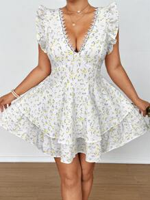 Flirla Plus Size Women's Ditsy Floral Ruffle Hem Short Dress, Vacation Style - White - View 2
