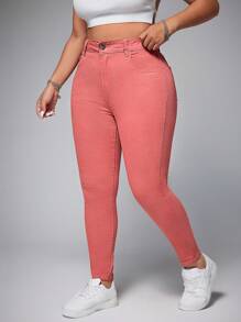 SHEIN EZwear 加大码深色水洗猫爪印花高弹紧身牛仔裤女式夏季节日服装休闲牛仔裤 - 玫紅色 - 查看 1