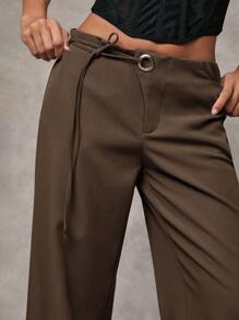 SHEIN BAE 女士休闲纯灰色宽腿宽松裤，腰部有孔眼装饰和抽绳，适合日常穿着和通勤 - 咖啡棕 - 查看 6