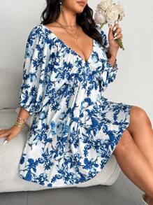 Flirla Plus Size V-Neck Floral Print Dress, Vacation Style - Blue - View 5