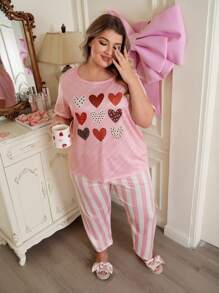 SweetSlumber Plus Size Heart Striped Loose Top And Striped Pants Pajama Set