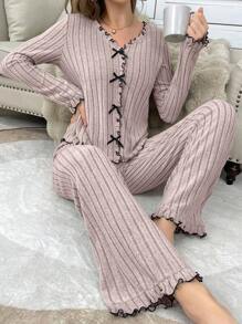 Soft Textured Knit Colorblock Ruffle Trim Bow Decor Women Pajama Set , Fall Winter Clothes