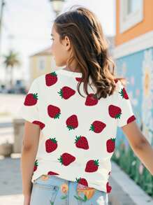 SHEIN 青少年女孩夏季新款休闲时尚草莓全身印花圆领短袖 T 恤 - 彩色 - 查看 2