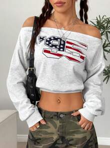 StreetHx Fashionable Casual Letter & National Flag Printed Off-Shoulder Cropped Sweatshirt, Gray Pullover Fall Sweatshirt - Grey - View 4