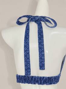 SHEIN ICON Y2K 夏季外出复古女式性感低胸短款牛仔背心 V 领蓝色挂脖 V 领性感度假西装女式短款牛仔背心时尚性感 - 中等水洗藍 - 查看 6