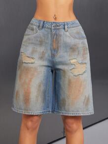 SHEIN ICON Vintage Style Distressed Ripped Women's Denim Capri Shorts - Blue - View 5