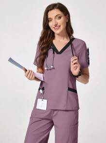 TaskEZ Conjunto de uniforme de pijama quirúrgico con manga corta y pantalón largo en colores contrastantes - Púrpura polvoriento - Ver 3