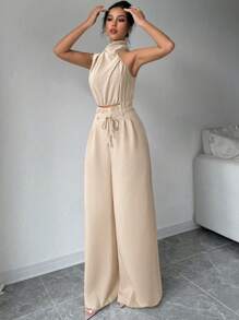 Firerie 2 件套女士米色优雅通勤翻领上衣和阔腿裤套装，轻盈舒适裤子套装，不对称无袖上衣套装，适合春季、夏季、秋季、通勤/优雅/度假/简约/休闲/教师节装扮 - 杏色 - 查看 5