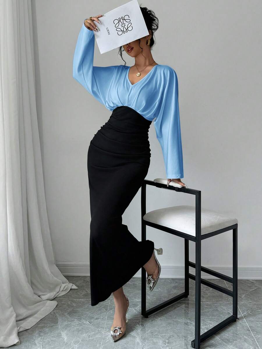 Firerie 女士 V 领蝙蝠袖拼色修身连衣裙