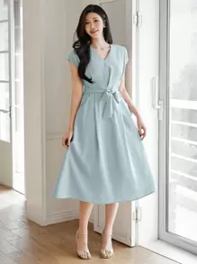 DAZY 纯色 V 领系带中长连衣裙，适合办公室穿着太阳裙、休闲女装 - 綠色 - 查看 6