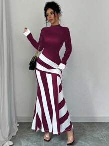 Chiquease Women's Black & White Geometric Striped Print Bodycon Dress, Autumn/Winter Maxi Women Outfit Fall Cloth For Women - Burgundy - View 4