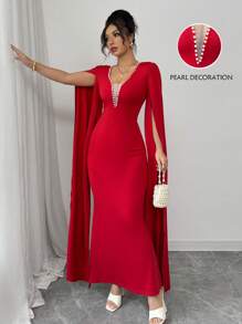 Elenzga Red Beaded Mesh Patchwork Mermaid Hem Bodycon Dress - Red - View 1