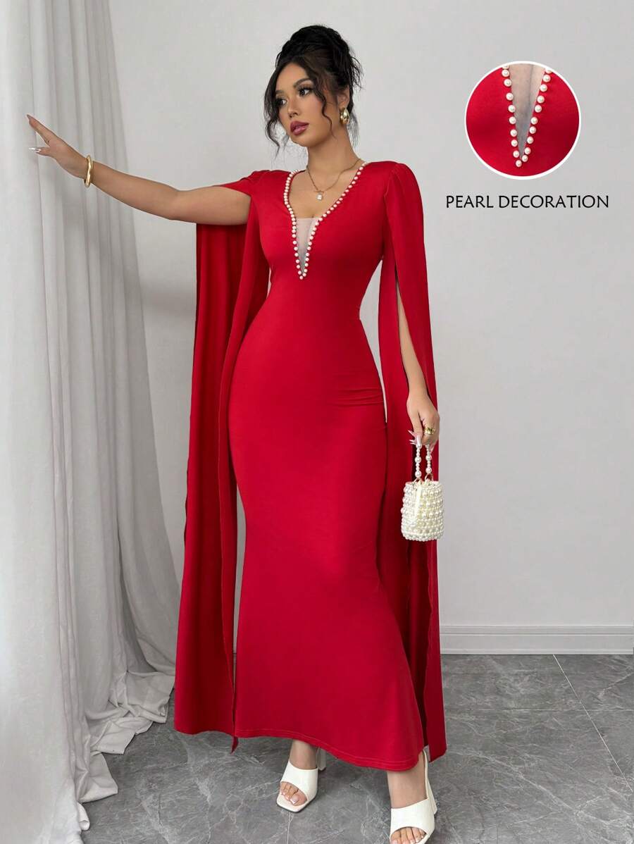 Elenzga Red Beaded Mesh Patchwork Mermaid Hem Bodycon Dress - Red - View 1