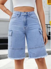 SHEIN Essnce Women's Casual Distressed Denim Cargo Shorts - Medium Wash - View 4