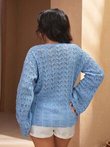 RueChic Long Sleeve Hollow Out Detailed Lightweight Sweater - Blue - View 2