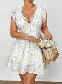 Flirla Plus Size Women's Ditsy Floral Ruffle Hem Short Dress, Vacation Style - White - View 4