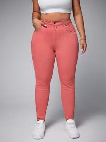 SHEIN EZwear 加大码深色水洗猫爪印花高弹紧身牛仔裤女式夏季节日服装休闲牛仔裤 - 玫紅色 - 查看 4