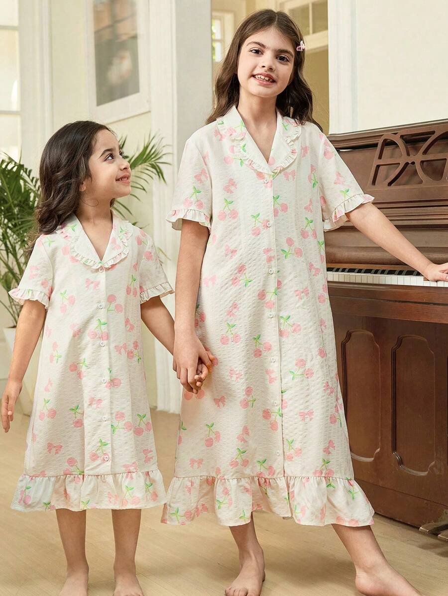 Young Girls Cute Cherry Pattern Collar Button Front Ruffle Hem Short Sleeve Sweet Nightdress, Sibling Matching Outfits (2 Pieces Sold Separately) - Multicolor - View 1