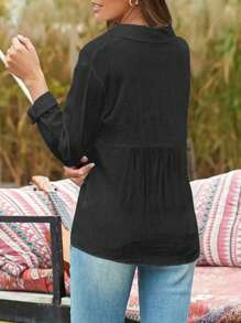 INAWLY Women Solid Color Long Sleeve Single-Breasted Casual Commuter Shirt Fall Cloth For Women - Black - View 2