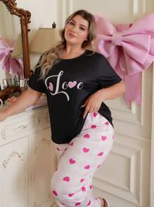 SweetSlumber Conjunto de pijama con estampado de cuadros y corazones en talla grande