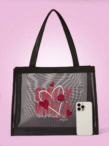 SmileyWorld® | SHEIN Bolso de mano grande con estampado de letras y corazones para mujer - Negro - Ver 4