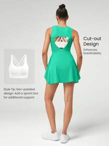 GLOWMODE Serve Lightweight Cutout Back Half Zip Collar Tennis Dress With Built-In Shorts Side Pockets Medium Impact Spring Summer - Green - View 2