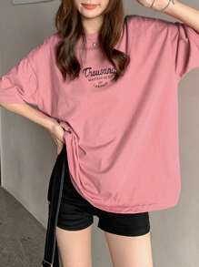 DAZY Women's Drop Shoulder Slogan Printed T-Shirt Thousand MASTERPIECES OF LABORER Summer Oversized T-Shirt Preppy Tops - Pink - View 4