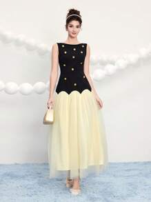 Poshira Women Knitted Button Back Hollow Out Patchwork Party Dress, Wedding Guest Dress, Prom Dress - Black - View 1