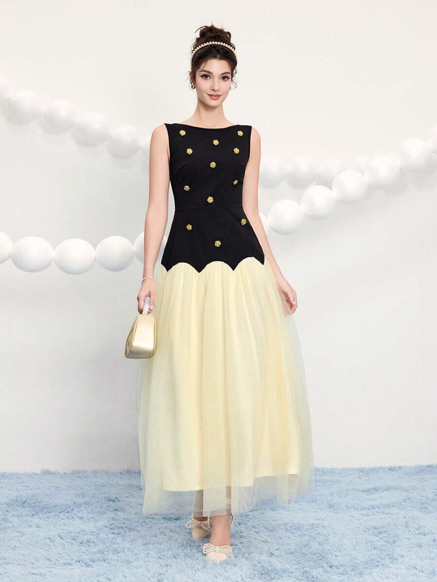 Poshira Women Knitted Button Back Hollow Out Patchwork Party Dress, Wedding Guest Dress, Prom Dress - Black - View 1