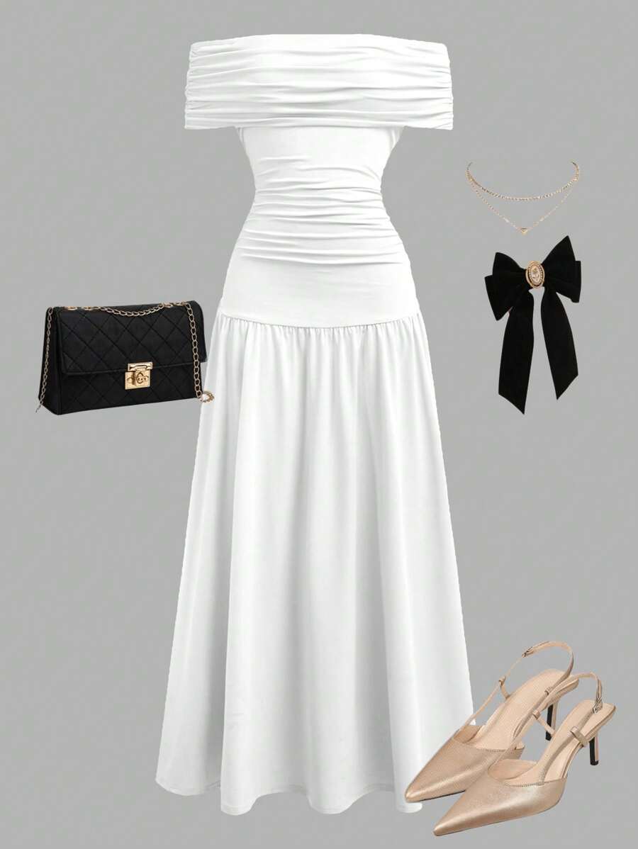 SHEIN Girlism 少女白色优雅复古，返校/派对服装，生日服装，舞会礼服，针织单肩褶皱长裙