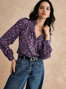 Poéselle Blouse moderne à imprimé rétro avec col en V profond pour femmes