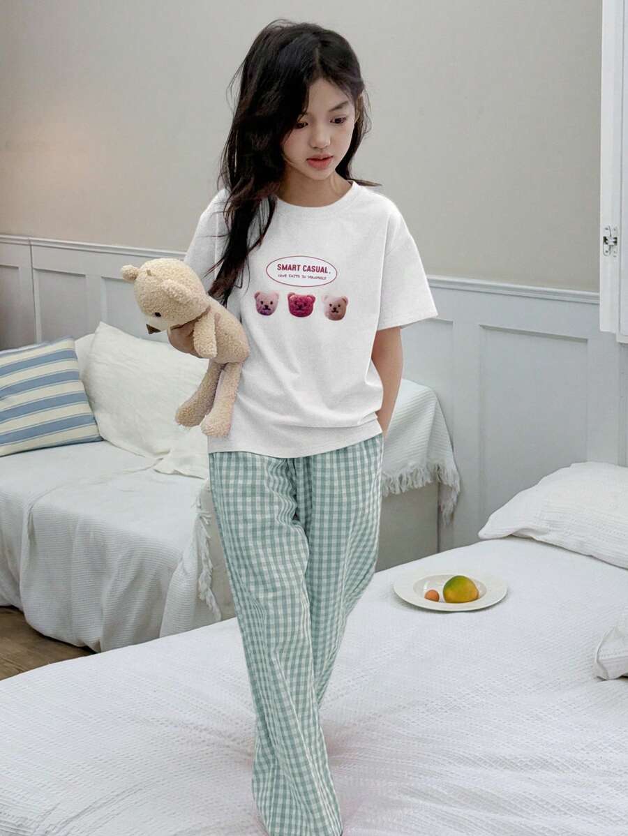 DAZY 2 件套 Tween Girl 圆领针织短袖熊印花 T 恤 + 编织格子裤，春夏套装 - 薄荷綠 - 查看 1