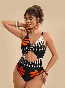 Travachic Plus Size Tropical Beach Holiday Print Front Twist Hollow Sexy Slimming One-Piece Swimsuit For Women - Multicolor - View 4