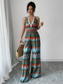 Elenzga V-Neck Halter Waist Elastic Drawstring Jumpsuit, Vacation Style