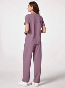 TaskEZ Conjunto de uniforme de pijama quirúrgico con manga corta y pantalón largo en colores contrastantes - Púrpura polvoriento - Ver 2