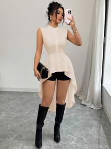 Elenzga Stand Collar Sleeveless Cinched Waist Fishtail Hem Long Shirt, Elegant Work Wear For Spring/Summer - Apricot - View 1