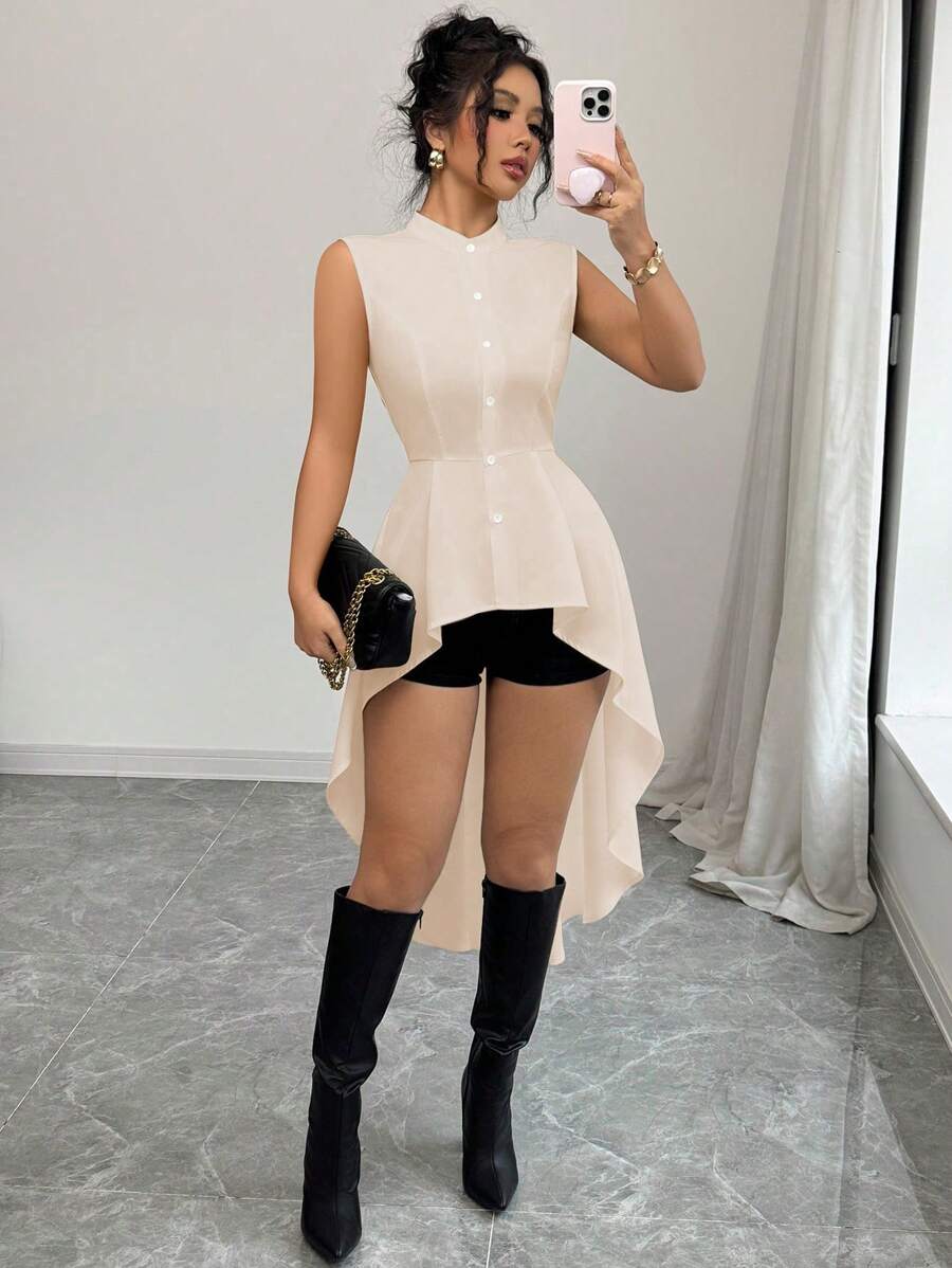 Elenzga Stand Collar Sleeveless Cinched Waist Fishtail Hem Long Shirt, Elegant Work Wear For Spring/Summer - Apricot - View 1