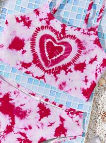 Tween Girls Tie-Dye Heart Print Casual Simple Tank Top And Triangle Bikini Swimwear Set, Suitable For Summer - Multicolor - View 3