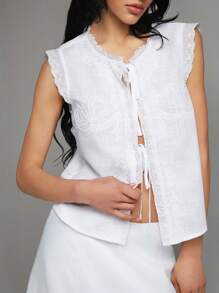 TRNVIE Spring/Summer New White Linen Casual Vacation Blouse For Women, Bow Embroidery French Tie Design With Cap Sleeves - White - View 1