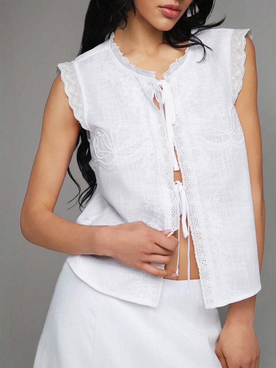 TRNVIE Spring/Summer New White Linen Casual Vacation Blouse For Women, Bow Embroidery French Tie Design With Cap Sleeves - White - View 1