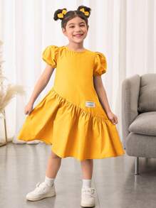 SHEIN Leap Crew Young Girls' Loose Cute Cap Sleeves Round Neck Asymmetrical Ruffle Hem A-Line Dress - Hot Pink - View 3