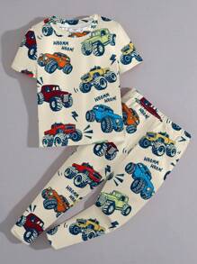 SHEIN Young Boy Khaki Car Print Casual Snug Fit Round Neck Short Sleeve Pants Loungewear, Suitable For All Seasons