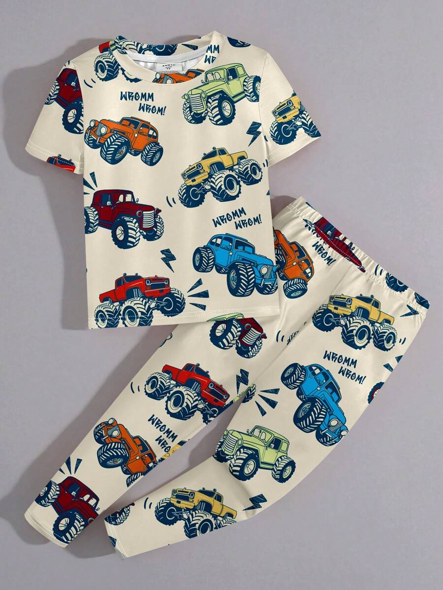 SHEIN Young Boy Khaki Car Print Casual Snug Fit Round Neck Short Sleeve Pants Loungewear, Suitable For All Seasons