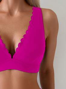 Women's Solid Color Curved Edge Sexy Bikini Set, Summer Beach - Hot Pink - View 5