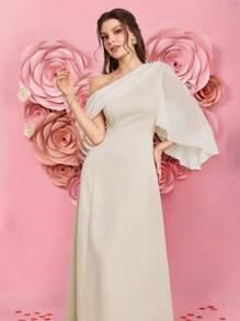 Modelyn Elegant Women's Banquet Apricot Skew-Shoulder Chiffon Lotus Sleeve Dress,Autumn Wedding Guest Dining Festival Clothes,Old Money Modest Summer Gown - Apricot - View 1