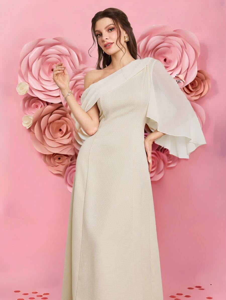 Modelyn Elegant Women's Banquet Apricot Skew-Shoulder Chiffon Lotus Sleeve Dress,Autumn Wedding Guest Dining Festival Clothes,Old Money Modest Summer Gown - Apricot - View 1