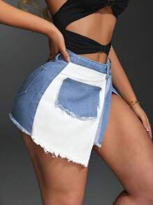 Slaydiva Women's Colorblock Slit Mini Denim Skirt