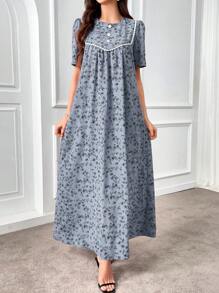 Al Najma Abito stile arabo da donna con scollo tondo, maniche corte a sbuffo e design a fiori minuti, vestibilità morbida