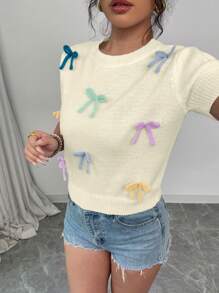 Chiquease 女士优雅可爱3D蝴蝶结圆领常规肩短袖套头毛衣 - 杏色 - 查看 4