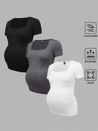 Modmama 3pcs/Set Maternity Casual Minimalist Black White Grey Square Neck Short Sleeve Fitted T-Shirts, Suitable For Summer